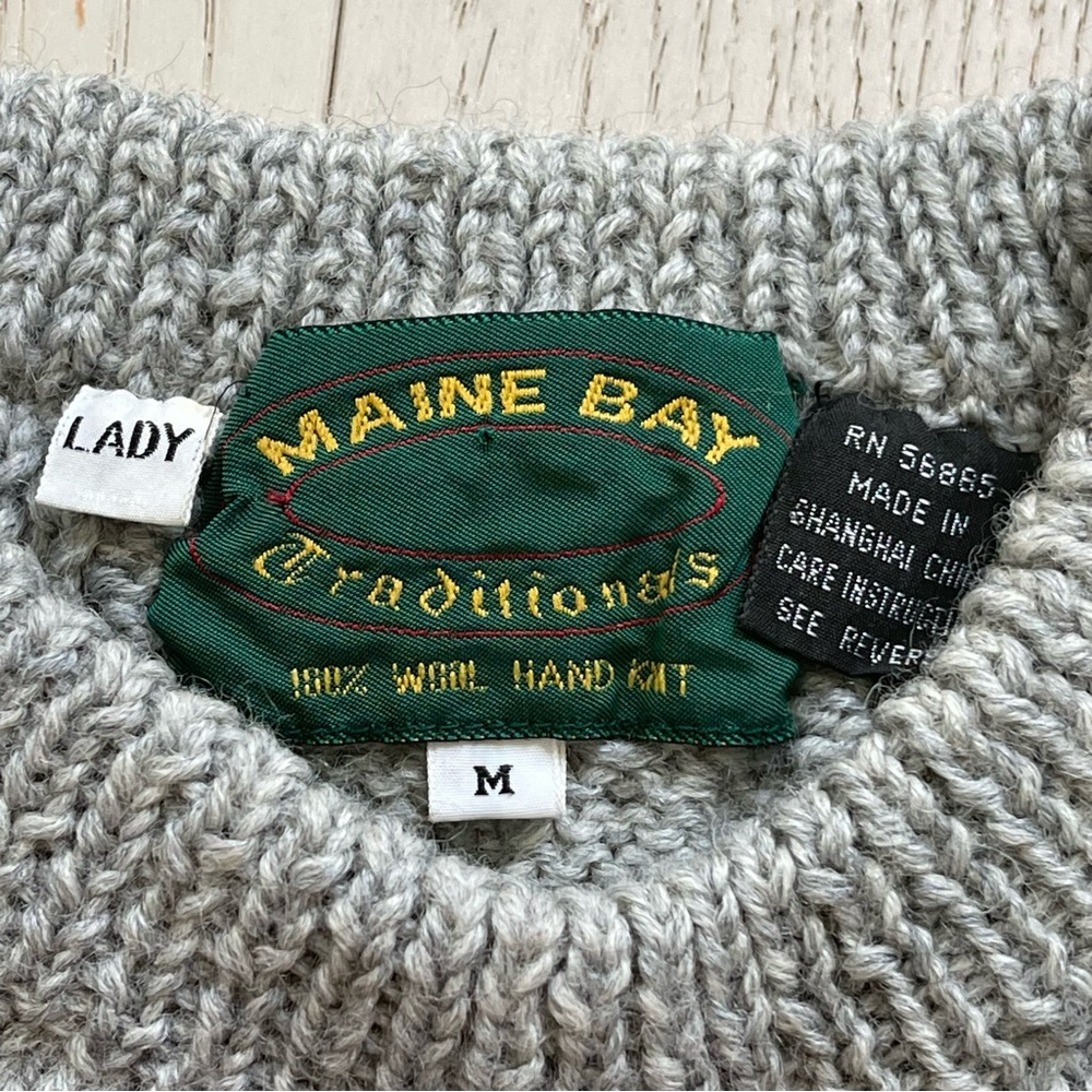 Vintage Maine Bay Thick Cable Knit 100% Wool Hand Knitted Fisherman Sweater - Picture 7 of 16